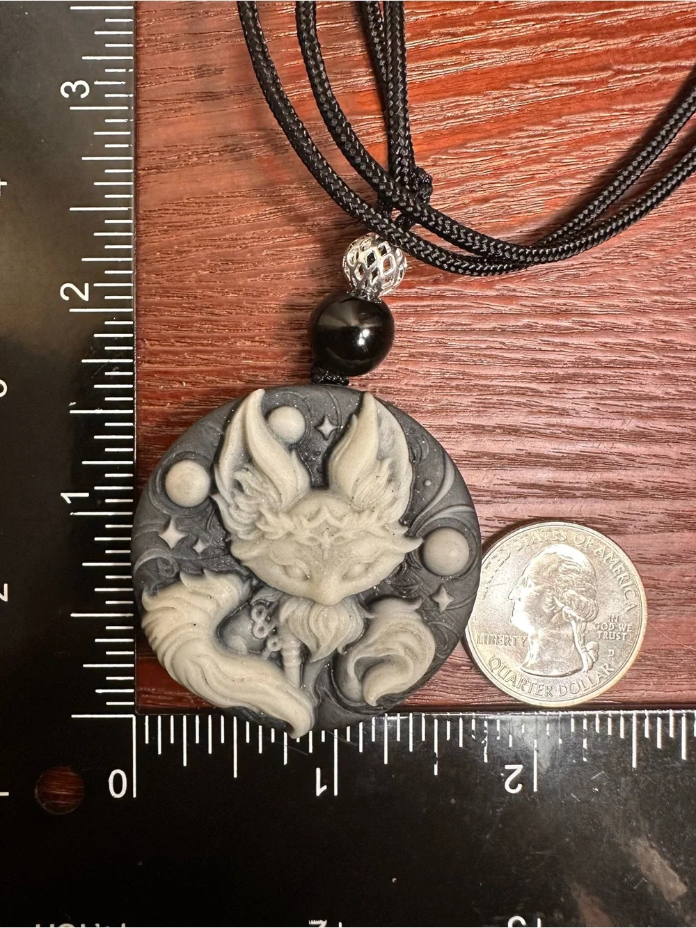 Tai Chi Stone Fox Pendant Necklace on Black Rope